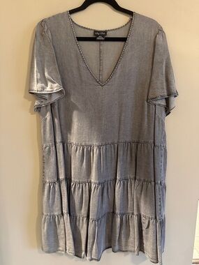 City Chic Grey Washed Tiered V-Neck Dress